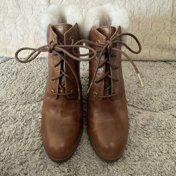 MICHAEL KORS Brown Leather Carrigan Wedge Lace-Up Fur Trim Booties Boots‎ 7M - Picture 5 of 15